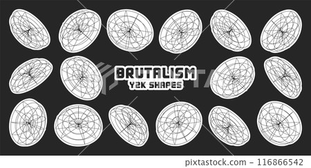 Wireframe lined shapes. Perspective mesh, 3d grid. Modern trendy low poly geometric elements. Retro futuristic design elements, y2k, vaporwave and synthwave style. Vector illustration 116866542