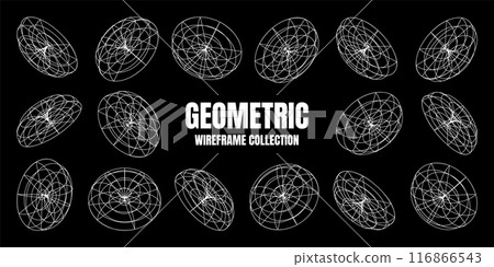 Wireframe lined shapes. Perspective mesh, 3d grid. Low poly geometric elements. Retro futuristic design elements, y2k, vaporwave and synthwave style. Vector illustration 116866543