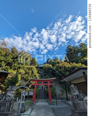 神社鳥居在秋日的天空下熠熠生輝 神社鳥居在秋日的天空下熠熠生輝 116866556