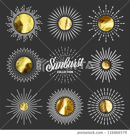 Vintage sunburst, sunset beams. Gold foil, shiny handmade circles. Golden glittering texture, pattern. Hand drawn bursting sun, light rays. Logotype or lettering, retro style. Vector illustration Vintage sunburst, sunset beams. Gold foil, shiny handmade circles. Golden glittering texture, pattern. Hand drawn bursting sun, light rays. Logotype or lettering, retro style. Vector illustration 116866579