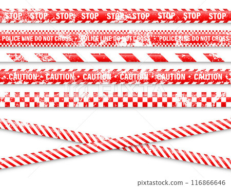 Old grunge barricade construction tape. Red police warning line, brightly colored danger or hazard stripe, ribbon. Restricted area, zone. Attention symbol. Vector illustration Old grunge barricade construction tape. Red police warning line, brightly colored danger or hazard stripe, ribbon. Restricted area, zone. Attention symbol. Vector illustration 116866646