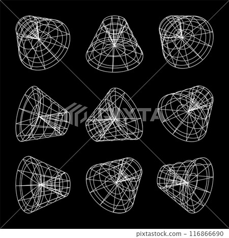 Wireframe lined shapes. Perspective mesh, 3d grid. Low poly geometric elements. Retro futuristic design elements, y2k, vaporwave and synthwave style. Vector illustration 116866690