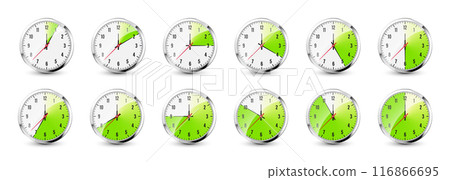 Wall clock, stopwatch icons. Shiny metal chronometer, time counter with dial. Green countdown timer showing minutes and seconds. Time measurement for sport, start and finish. Vector illustration 116866695