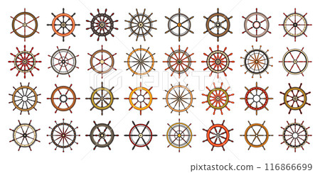 Wooden vintage steering wheels. Ship, sailboat or yacht retro wheel symbol. Colorful nautical rudder icon. Marine logotype design element. Vector illustration 116866699