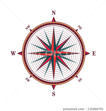 Vintage marine wind rose, nautical chart. Colorful navigational compass with cardinal directions of North, East, South, West. Geographical position, cartography and navigation. Vector illustration 116866702