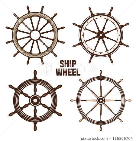 Wooden vintage steering wheels. Ship, sailboat or yacht retro wheel symbol. Brown nautical rudder icon. Marine logotype design element. Vector illustration Wooden vintage steering wheels. Ship, sailboat or yacht retro wheel symbol. Brown nautical rudder icon. Marine logotype design element. Vector illustration 116866704
