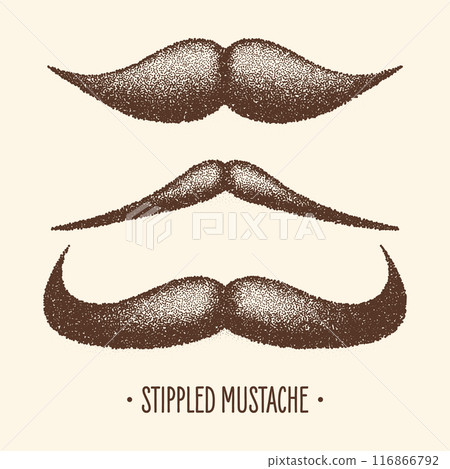 Brown stippled vintage mustache. Curly facial hair. Hipster beard. Stippling, dot drawing and shading, stipple pattern, halftone effect. Vector illustration 116866792