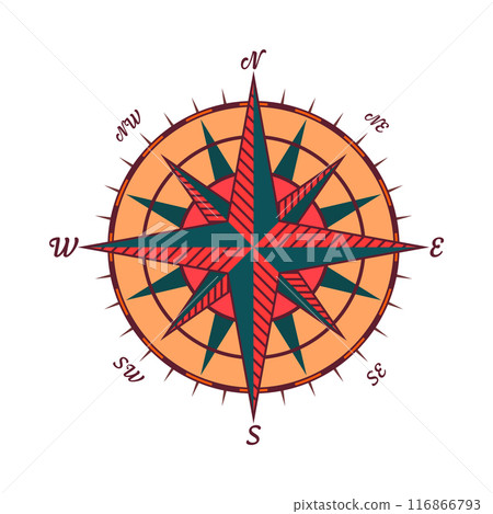 Vintage marine wind rose, nautical chart. Colorful navigational compass with cardinal directions of North, East, South, West. Geographical position, cartography and navigation. Vector illustration Vintage marine wind rose, nautical chart. Colorful navigational compass with cardinal directions of North, East, South, West. Geographical position, cartography and navigation. Vector illustration 116866793