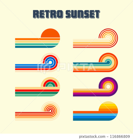 Horizontal vintage sunsets. Various colorful striped sunrise badges in 80s and 90s style. Sun and ocean view, summer vibes, surfing. Design element, print, logo or t-shirt. Vector illustration 116866809