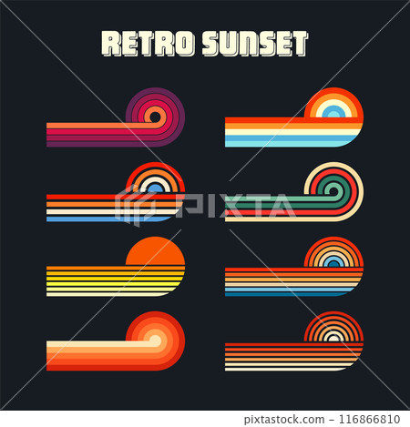Vintage sunset collection. Various colorful striped sunrise badges in 80s and 90s style. Sun and ocean view, summer vibes, surfing. Design element for print, logo or t-shirt. Vector illustration 116866810