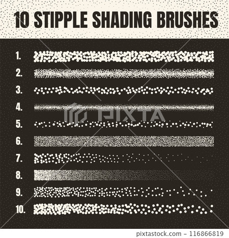 Stipple scatter brush, ink drawing and texturing. Fading gradient. Stippling, dotwork drawing, shading using dots. Halftone disintegration effect. White noise grainy texture. Vector illustration 116866819