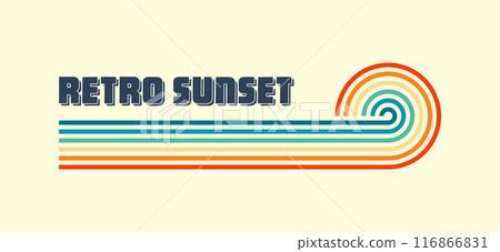 Horizontal vintage sunset. Various colorful striped sunrise badges in 80s and 90s style. Sun and ocean view, summer vibes, surfing. Design element, print, logo or t-shirt. Vector illustration 116866831