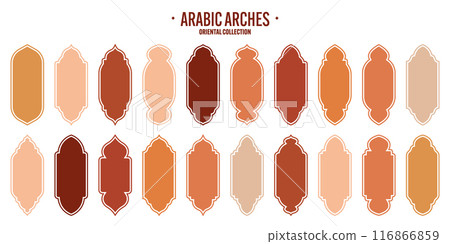 Islamic frames, oriental style objects. Arabic shapes, windows and arches. Traditional ornamental banner, frame. Muslim holidays, Ramadan Kareem. Modern eastern architecture. Vector illustration Islamic frames, oriental style objects. Arabic shapes, windows and arches. Traditional ornamental banner, frame. Muslim holidays, Ramadan Kareem. Modern eastern architecture. Vector illustration 116866859