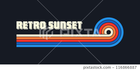 Vintage sunset collection. Various colorful striped sunrise badges in 80s and 90s style. Sun and ocean view, summer vibes, surfing. Design element for print, logo or t-shirt. Vector illustration Vintage sunset collection. Various colorful striped sunrise badges in 80s and 90s style. Sun and ocean view, summer vibes, surfing. Design element for print, logo or t-shirt. Vector illustration 116866887
