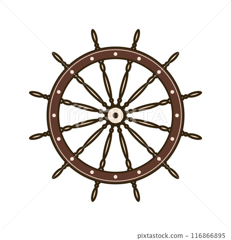 Wooden vintage steering wheels. Ship, sailboat or yacht retro wheel symbol. Nautical rudder icon. Marine logotype design element. Vector illustration 116866895