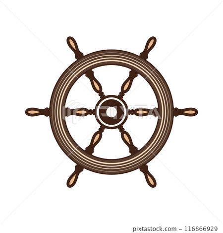 Wooden vintage steering wheels. Ship, sailboat or yacht retro wheel symbol. Nautical rudder icon. Marine logotype design element. Vector illustration Wooden vintage steering wheels. Ship, sailboat or yacht retro wheel symbol. Nautical rudder icon. Marine logotype design element. Vector illustration 116866929