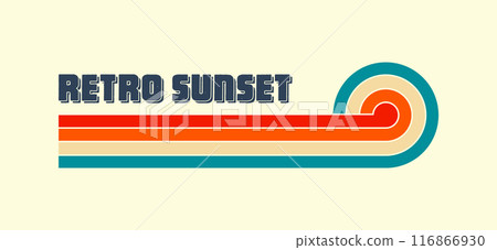 Horizontal vintage sunset. Various colorful striped sunrise badges in 80s and 90s style. Sun and ocean view, summer vibes, surfing. Design element, print, logo or t-shirt. Vector illustration Horizontal vintage sunset. Various colorful striped sunrise badges in 80s and 90s style. Sun and ocean view, summer vibes, surfing. Design element, print, logo or t-shirt. Vector illustration 116866930