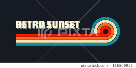 Vintage sunset collection. Various colorful striped sunrise badges in 80s and 90s style. Sun and ocean view, summer vibes, surfing. Design element for print, logo or t-shirt. Vector illustration Vintage sunset collection. Various colorful striped sunrise badges in 80s and 90s style. Sun and ocean view, summer vibes, surfing. Design element for print, logo or t-shirt. Vector illustration 116866931