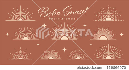 Vintage sunburst, sunset beams, half circle sunrise. Boho style, modern minimalist bohemian design. Hand drawn bursting sun, light rays. Lettering design element in retro style. Vector illustration Vintage sunburst, sunset beams, half circle sunrise. Boho style, modern minimalist bohemian design. Hand drawn bursting sun, light rays. Lettering design element in retro style. Vector illustration 116866970