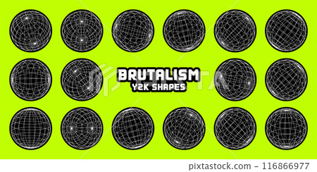 Wireframe shapes, lined sphere. Perspective mesh, 3d grid. Modern trendy low poly geometric elements. Retro futuristic design elements, y2k, vaporwave and synthwave style. Vector illustration 116866977