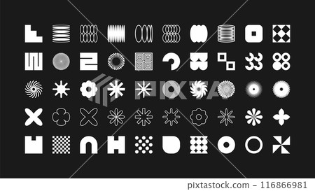 Brutalist geometric shapes, modern symbols. Simple primitive elements and forms. Retro design, trendy contemporary minimalist style, y2k. Vector illustration 116866981