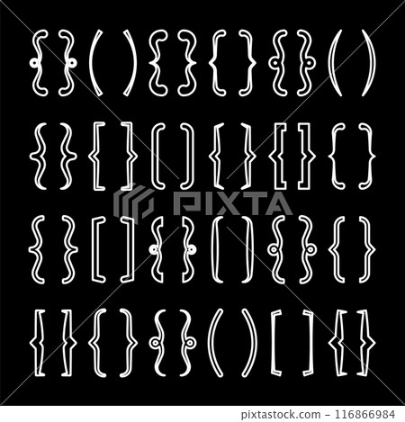 Text brackets collection, black quotation box. Curly, square and corner parentheses. Vintage typographical symbol, calligraphic quote frame. Doodle, lettering element. Vector illustration Text brackets collection, black quotation box. Curly, square and corner parentheses. Vintage typographical symbol, calligraphic quote frame. Doodle, lettering element. Vector illustration 116866984