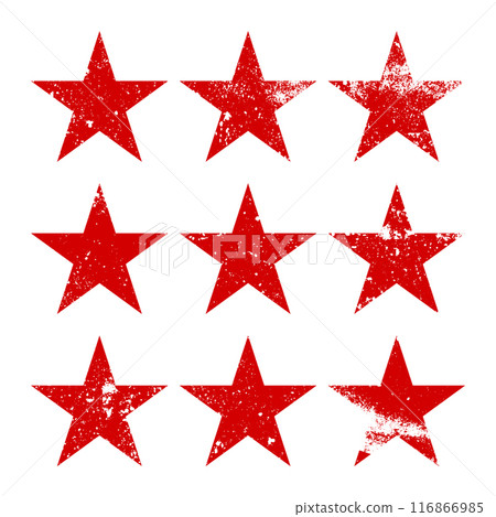 Red vintage stars with cracks and stains. Old hand-drawn sign, black simple shape. Retro design element with distressed effect, grunge texture. Vector illustration Red vintage stars with cracks and stains. Old hand-drawn sign, black simple shape. Retro design element with distressed effect, grunge texture. Vector illustration 116866985