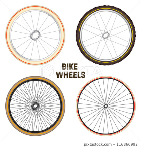Realistic 3d retro bicycle wheels. Vintage bike rubber tyres, shiny metal spokes and rims. Fitness cycle, touring, sport, road and mountain bike. Vector illustration 116866992
