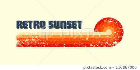Grunge horizontal vintage sunset. Various colorful striped sunrise badges in 80s and 90s style. Sun and ocean view, summer vibes, surfing. Design element, print, logo or t-shirt. Vector illustration Grunge horizontal vintage sunset. Various colorful striped sunrise badges in 80s and 90s style. Sun and ocean view, summer vibes, surfing. Design element, print, logo or t-shirt. Vector illustration 116867006