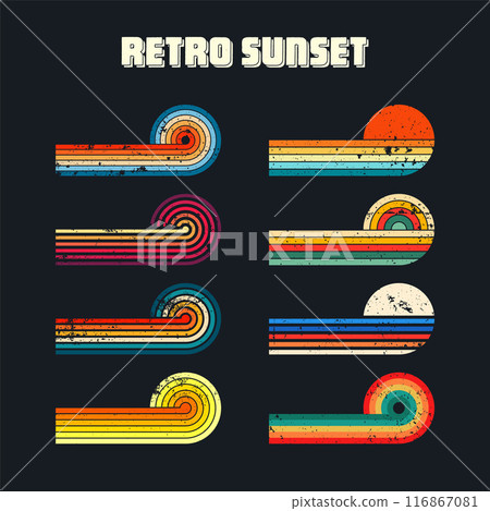 Grunge horizontal vintage sunsets. Various colorful striped sunrise badges in 80s and 90s style. Sun and ocean view, summer vibes, surfing. Design element, print, logo or t-shirt. Vector illustration 116867081