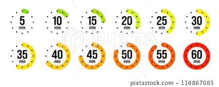Simple stopwatch icons. Colorful chronometer, time counter with dial. Countdown timer showing hours and minutes. Deadline, measurement for sport. Cooking time label, sticker. Vector illustration Simple stopwatch icons. Colorful chronometer, time counter with dial. Countdown timer showing hours and minutes. Deadline, measurement for sport. Cooking time label, sticker. Vector illustration 116867085