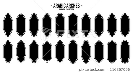 Islamic frames, oriental style objects. Arabic shapes, windows and arches. Traditional ornamental banner, frame. Muslim holidays, Ramadan Kareem. Modern eastern architecture. Vector illustration 116867096