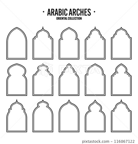 Islamic frames, oriental style objects. Arabic shapes, windows and arches. Traditional ornamental banner, frame. Muslim holidays, Ramadan Kareem. Modern eastern architecture. Vector illustration 116867122