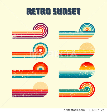 Grunge horizontal vintage sunsets. Various colorful striped sunrise badges in 80s and 90s style. Sun and ocean view, summer vibes, surfing. Design element, print, logo or t-shirt. Vector illustration Grunge horizontal vintage sunsets. Various colorful striped sunrise badges in 80s and 90s style. Sun and ocean view, summer vibes, surfing. Design element, print, logo or t-shirt. Vector illustration 116867124