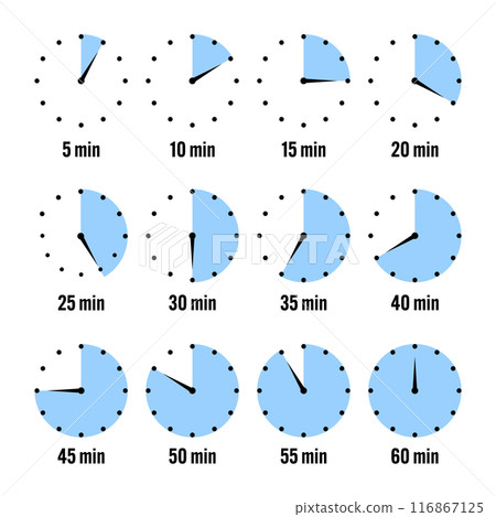 Simple stopwatch icons. Colorful chronometer, time counter with dial. Countdown timer showing hours and minutes. Deadline, measurement for sport. Cooking time label, sticker. Vector illustration 116867125