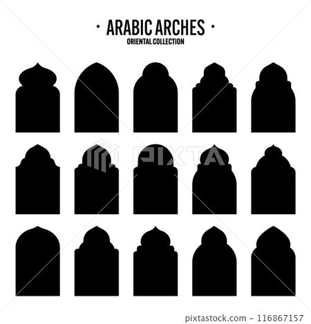 Islamic frames, oriental style objects. Arabic shapes, windows and arches. Traditional ornamental banner, frame. Muslim holidays, Ramadan Kareem. Modern eastern architecture. Vector illustration 116867157