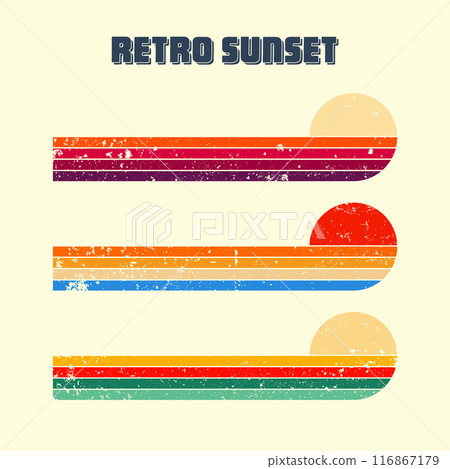 Grunge horizontal vintage sunsets. Various colorful striped sunrise badges in 80s and 90s style. Sun and ocean view, summer vibes, surfing. Design element, print, logo or t-shirt. Vector illustration 116867179