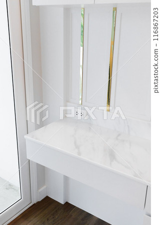 "Elegant white and marble drawer, showcasing a luxurious and clean design. Perfect for modern interior decor and stylish home inspiration." 116867203