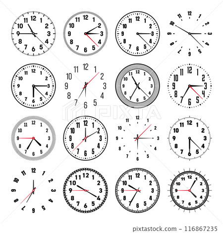Mechanical clock faces with hands, bezel. Watch dial with minute, hour marks and numbers, arabic numerals. Timer or stopwatch element. Measuring circle scale with divisions. Vector illustration Mechanical clock faces with hands, bezel. Watch dial with minute, hour marks and numbers, arabic numerals. Timer or stopwatch element. Measuring circle scale with divisions. Vector illustration 116867235