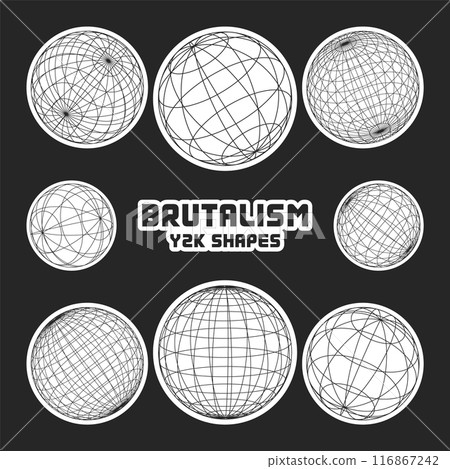 Wireframe shapes, lined sphere. Perspective mesh, 3d grid. Modern trendy low poly geometric elements. Retro futuristic design elements, y2k, vaporwave and synthwave style. Vector illustration Wireframe shapes, lined sphere. Perspective mesh, 3d grid. Modern trendy low poly geometric elements. Retro futuristic design elements, y2k, vaporwave and synthwave style. Vector illustration 116867242
