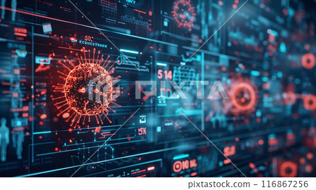 Virus cell analysis on ai computer. Virus cell analysis on ai computer. 116867256