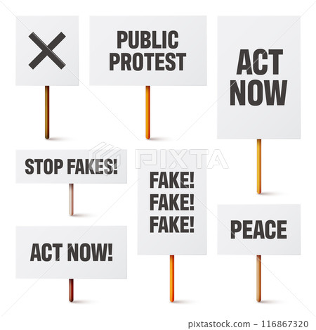Blank white protest signs with text slogans on wooden holder. Various realistic vector demonstration banners. Strike action cardboard placard mockup. Social advertisement. Vector illustration 116867320
