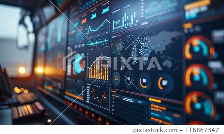 Transportation and delivery monitor room. Tracking AI and automatic robotic for transport packages in delivery business. 116867347
