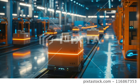 AI and automatic robotic for transport packages in delivery business. 116867353