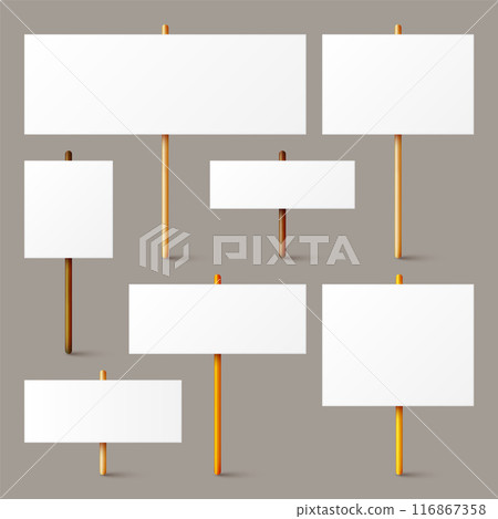 Blank white protest sign with wooden holder. Various realistic vector demonstration banners. Strike action cardboard placard mockup. Social advertisement. Vector illustration 116867358