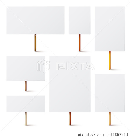 Blank white protest sign with wooden holder. Various realistic vector demonstration banners. Strike action cardboard placard mockup. Social advertisement. Vector illustration 116867363