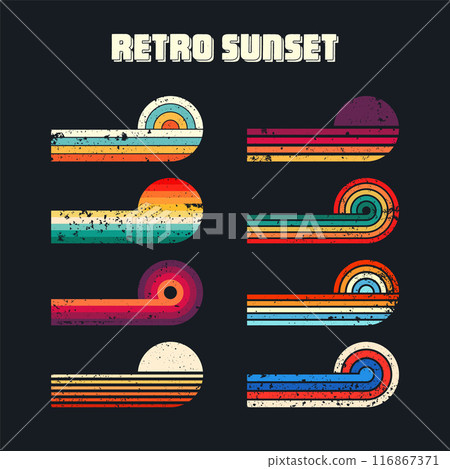 Grunge horizontal vintage sunsets. Various colorful striped sunrise badges in 80s and 90s style. Sun and ocean view, summer vibes, surfing. Design element, print, logo or t-shirt. Vector illustration Grunge horizontal vintage sunsets. Various colorful striped sunrise badges in 80s and 90s style. Sun and ocean view, summer vibes, surfing. Design element, print, logo or t-shirt. Vector illustration 116867371