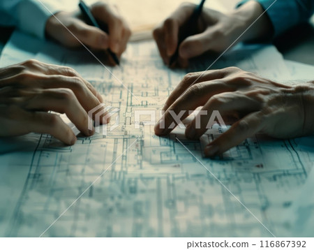 Collaborating hands working on architectural blueprint, showcasing teamwork, planning, and precision in construction projects. 116867392