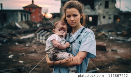 Compassionate doctor caring for child in conflict-affected region 116867422