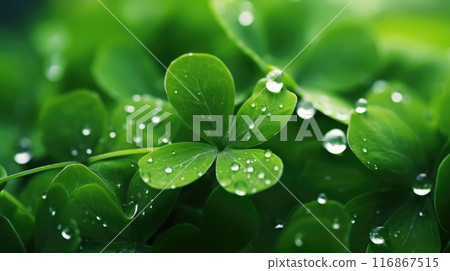 Macro view of green four-leaf clover with morning dew with blurred background, St. Patricks Day luck. 116867515